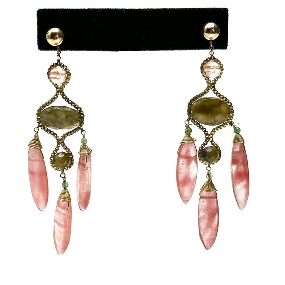 Vintage 14kGF Rutilated Green & Cherry Quartz Drop Statement Earrings Signed EUC - Picture 1 of 4